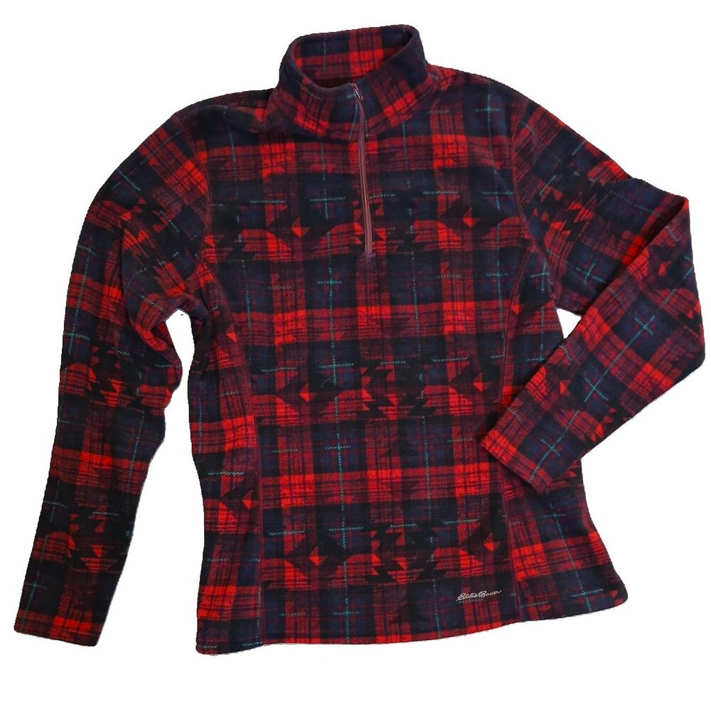 EDDIE BAUER womens fleece pullover plaid geometric 1/4 zip long-sleeved - large